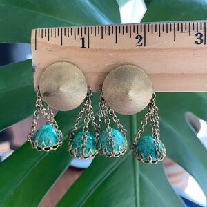 VTG Clip-on Midcentury Boho Earrings with Gold Tone Chain and Czech Art Glass